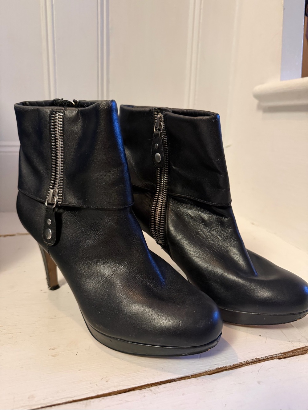 Black Leather Ankle Booties with Side Zipper